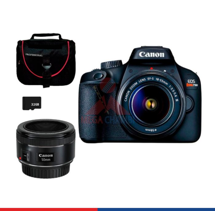 CAMARA CANON EOS REBEL T100 EF-S 18-55 III WIFI /HD /LENTE EF50 MM+32GB+MALETIN