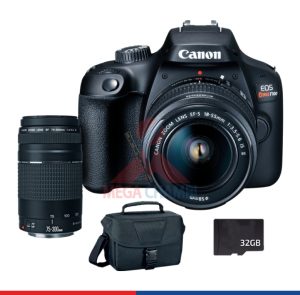 CAMARA CANON EOS REBEL T100 EF-S 18-55 III WIFI /HD /LENTE EF75 MM+32GB+MALETIN N.