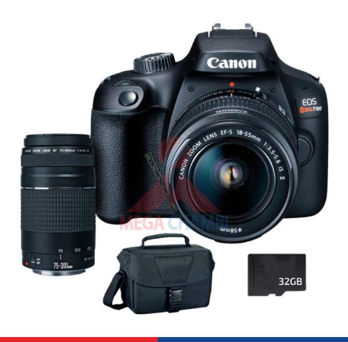 CAMARA CANON EOS REBEL T100 EF-S 18-55 III WIFI /HD /LENTE EF75 MM+32GB+MALETIN N.